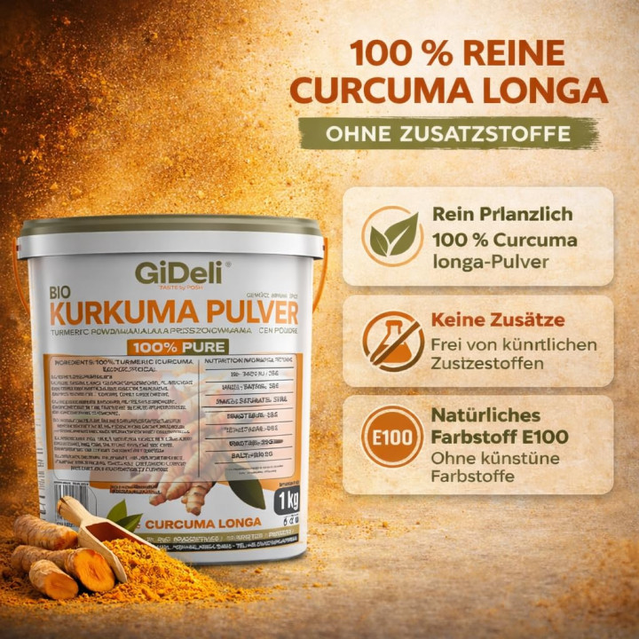 Kurkuma Pulver 1kg - Curcumin Gehalt Goldene Milch | GiDeli