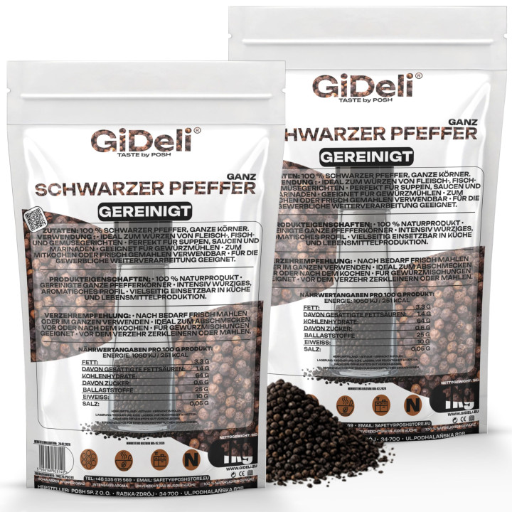 Schwarzer Pfeffer 2kg - Ganz Pfefferkörner Gewürz | GiDeli