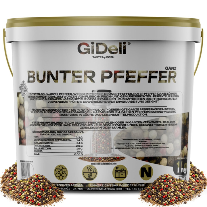Bunter Pfeffer 1kg - Ganz Pfefferkörner Mühle | GiDeli