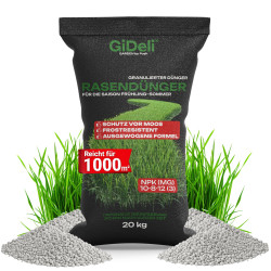 Rasendünger 20kg 1000m² Granulat Moos-Stopp Stickstoff Langzeit NPK Grün GiDeli