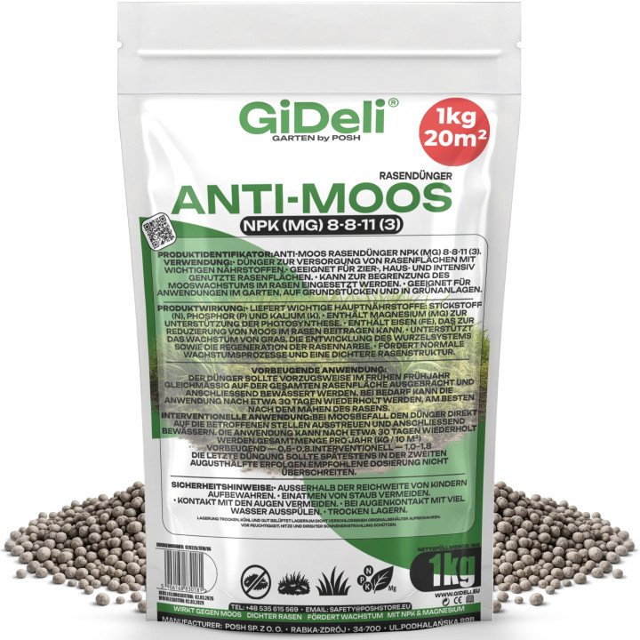 Anti-Moos Rasendünger 1kg - NPK 8-8-11 Frühjahr | GiDeli