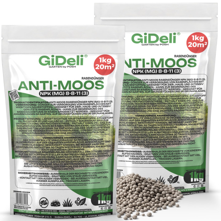 Anti-Moos Rasendünger 2kg - NPK 8-8-11 Frühjahr | GiDeli