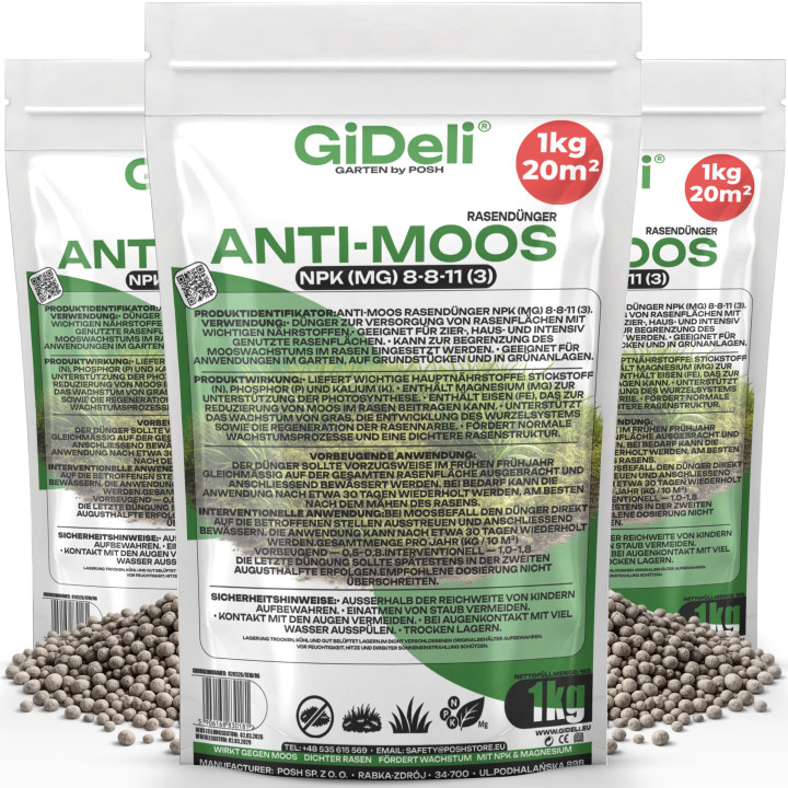 Anti-Moos Rasendünger 3kg - NPK 8-8-11 Frühjahr | GiDeli