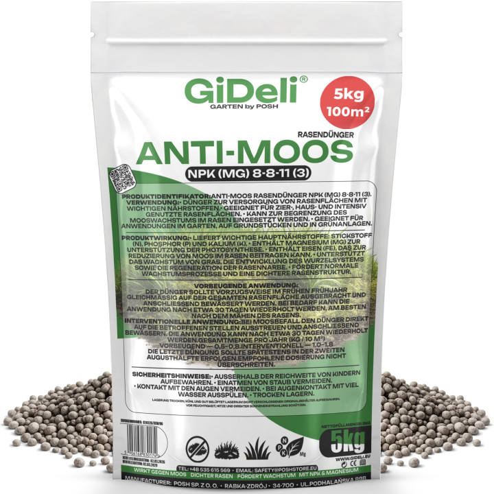 Anti-Moos Rasendünger 5kg - NPK 8-8-11 Frühjahr | GiDeli